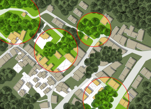 istock Census of trees in cities -  green management and tree mapping concept with imaginary city map with highlighted trees 1352666913