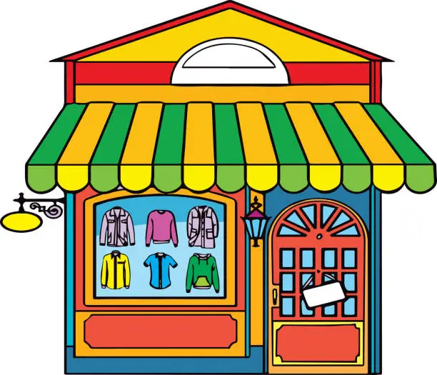 Vector illustration of Clothing store, Boutique indoor of men's cloths fashion, tailor shop, exterior building, vector illustration.