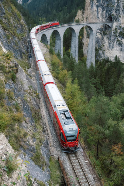 istock high angle view on red train passing Landwasserviadukt in Switzerland 1352668454