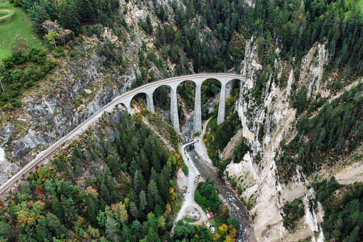 aerial view on Landwasserviadukt railroad bridge in Switzerland