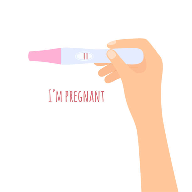 woman's hand holding positive pregnancy test. planning baby. vector illustration - 家庭計劃 幅插畫檔、美工圖案、卡通及圖標