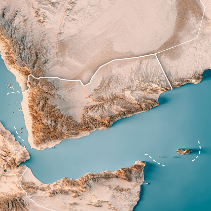 3D Render of a Topographic Map of Yemen. Version with Country Boundaries.\nAll source data is in the public domain.\nColor texture: Made with Natural Earth. \nhttp://www.naturalearthdata.com/downloads/10m-raster-data/10m-cross-blend-hypso/\nRelief texture: SRTM data courtesy of NASA JPL (2020). URL of source image: \nhttps://e4ftl01.cr.usgs.gov//DP133/SRTM/SRTMGL3.003/2000.02.11\nWater texture: SRTM Water Body SWDB:\nhttps://dds.cr.usgs.gov/srtm/version2_1/SWBD/\nBoundaries Level 0: Humanitarian Information Unit HIU, U.S. Department of State (database: LSIB)\nhttp://geonode.state.gov/layers/geonode%3ALSIB7a_Gen