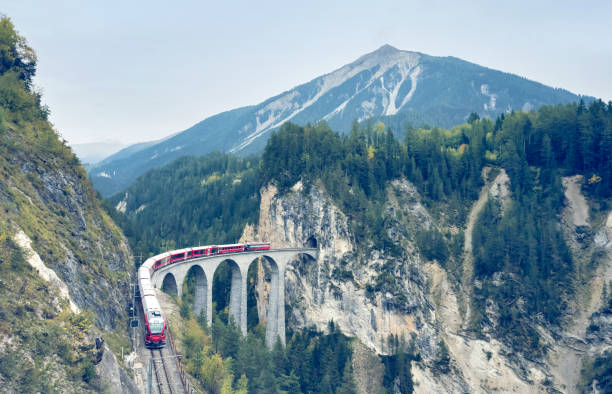 istock high angle view on red train on Landwasserviadukt in Switzerland 1352669471