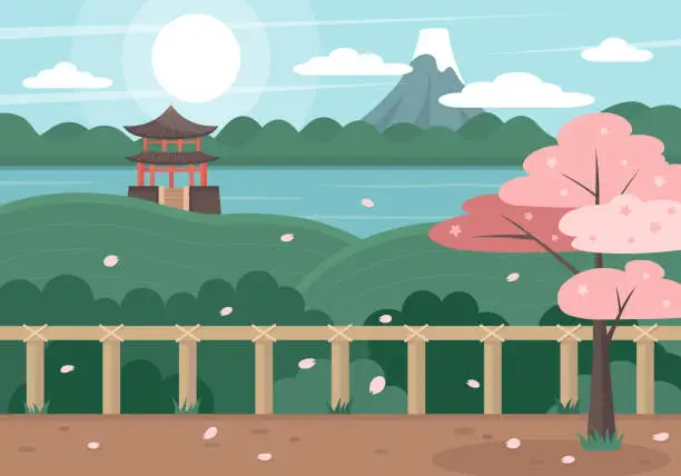 Vector illustration of Japanese landscape vector illustration. Cartoon asian traditional temple, pavilion or Torii gate. Oriental pagoda in Japan.