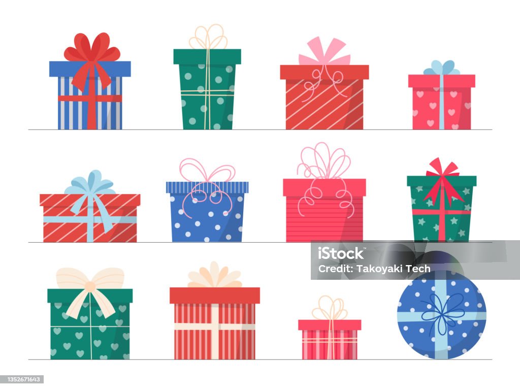 Bunte Geschenkboxen Set. Vektorillustration von niedlichen isolierten Geschenkboxen auf weißem Hintergrund. - Lizenzfrei Weihnachtsgeschenk Vektorgrafik Bunte Geschenkboxen Set. Vektorillustration von niedlichen isolierten Geschenkboxen auf weißem Hintergrund. - Lizenzfrei Weihnachtsgeschenk Vektorgrafik