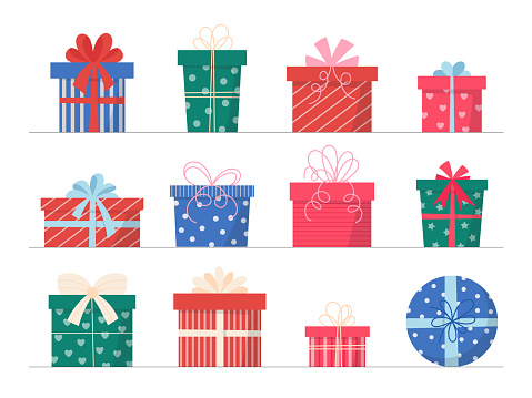 Colorful gift boxes set. Vector illustration of cute isolated present boxes on white background. Hand drawn flat design style. Blue, green, red, pink and beige colors.