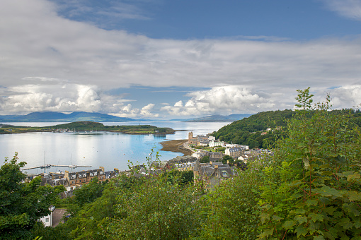 High angle view of Oban and Oban Bay in Argyllshire in Scotland.