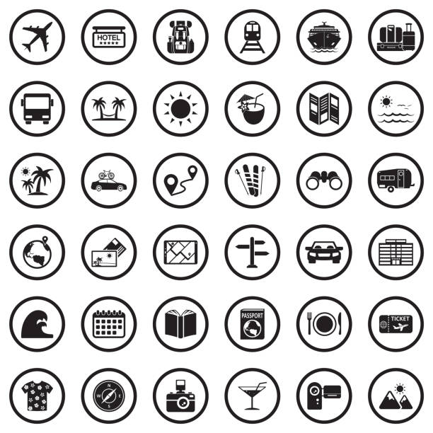 illustrations, cliparts, dessins animés et icônes de icônes de voyage. design plat noir en cercle. illustration vectorielle. - ski travel symbol suitcase