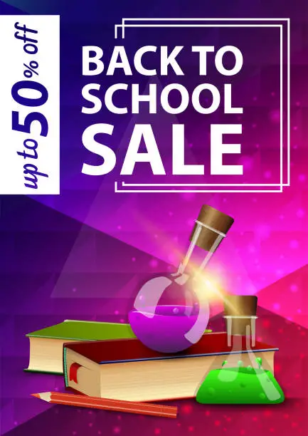 Vector illustration of Back to school sale, pink vertical web banner with books and chemical flasks