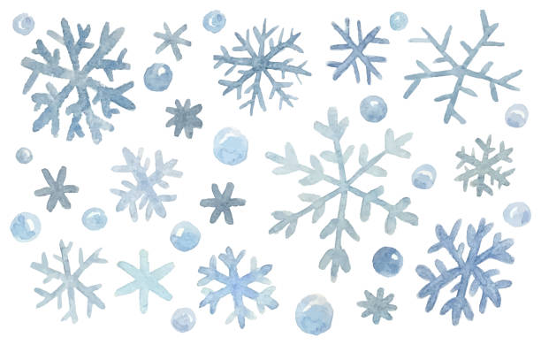 흰색 배경, 벡터 일러스트에 고립 된 손으로 그린 파란색 수채화 눈송이 - snowflakes stock illustrations