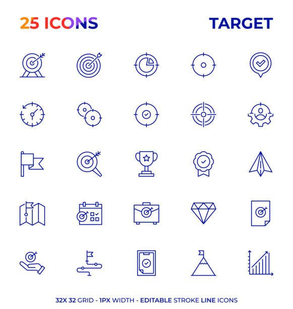 ilustrações, clipart, desenhos animados e ícones de série de ícones da linha de traçado editável de destino - target