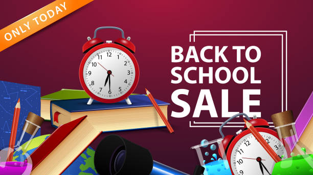 illustrazioni stock, clip art, cartoni animati e icone di tendenza di vendita back to school, banner di sconto con arredamento materiale scolastico, libri scolastici e sveglia - 7047