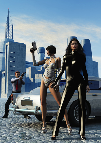 A dark lady and her bodyguard are under arrest in a futuristic city, policeman with gun, 3d illustration