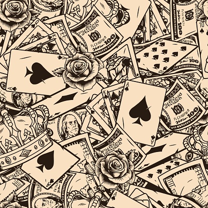Vintage monochrome gambling seamless pattern with rose flowers crowns royal flush of spades poker hand falling playing cards and one hundred US dollar bills. vector illustration