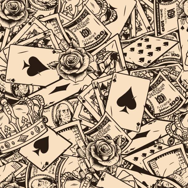 Vintage monochrome gambling seamless pattern Vintage monochrome gambling seamless pattern with rose flowers crowns royal flush of spades poker hand falling playing cards and one hundred US dollar bills. vector illustration poker wallpaper background stock illustrations