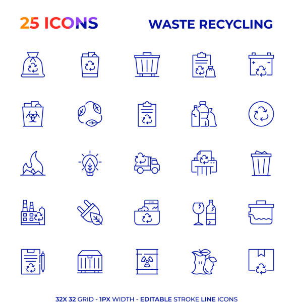 illustrazioni stock, clip art, cartoni animati e icone di tendenza di riciclaggio dei rifiuti serie di icone della linea di tratti modificabili - recycling paper garbage recycling center