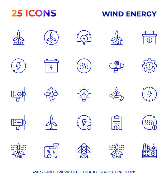 풍력 에너지 편집 가능한 스트로크 라인 아이콘 시리즈 - wind turbine fuel and power generation clean industry stock illustrations