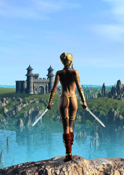 fantasy warrior with sword observing the valley with lake, castle and mountains, 3d rendering