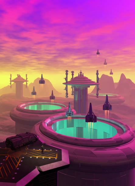 istock sci fi landscape, spaceship's patrol starting from a space base, 3d illustration 1352676778