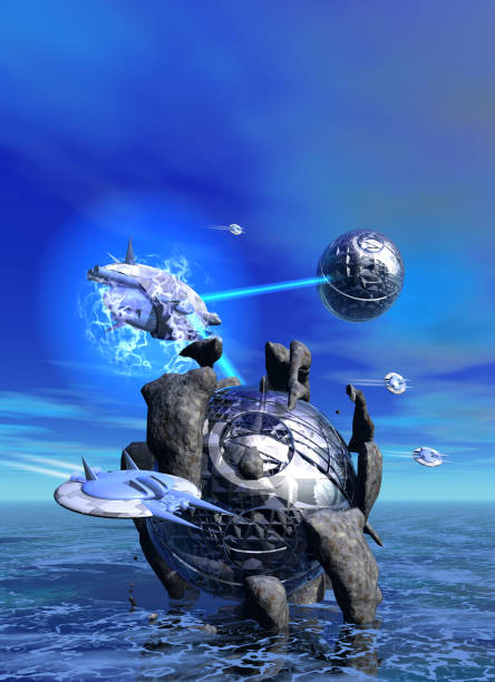 istock spaceship's battle on alien planet, 3d rendering 1352677030
