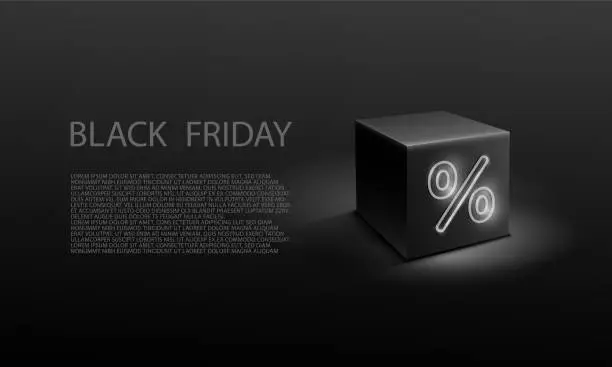 Vector illustration of Black cube with blue neon glowing percent symbol. Black Friday discount banner template