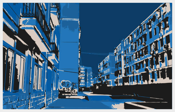 Vector blue engraving style community residential building illustration background vector art illustration