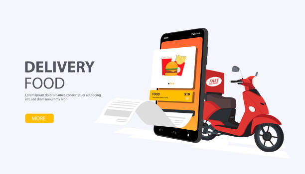 ilustrações, clipart, desenhos animados e ícones de delivery food express e scooter shipping com um smartphone móvel - ilustração vetorial - supermarket fast food fast food restaurant people