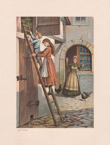 Siblings on the farm. Nostalgic scene from the past. Chromolithograph after a drawing by Emil Limmer (German painter, 1854 - 1931), published in 1890.