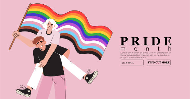 uśmiechnięci ludzie trzymają flagę z tęczą lgbtq podczas obchodów miesiąca dumy lub parady przeciwko przemocy, dekryminacji, łamaniu praw podczas pokojowej demonstracji. równość i samoafirmacja. - gay pride flag image lesbian homosexual stock illustrations