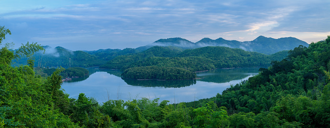 Panoramic top view of lake and forest in nation park, Thailand.