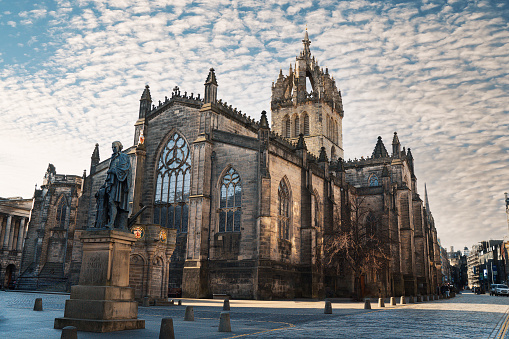 The famous St Giles Cathedral in Edinburgh on a sunny day with a blue sky