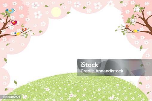 istock Spring landscape green field with cherry blossom frame,Vector cartoon Summer scene with bird on white Sakura branches and daisy field.Cute banner for Hello Spring or Easter background 1352685921