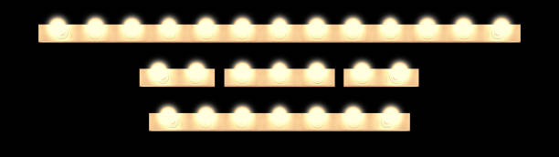 Vintage white mirror frame with glowing lamps, isolated on black background. Make-up mirror with built-in lamps. Professional luminous mirror with reflection.