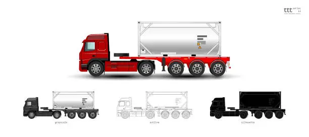 Vector illustration of Insulated red truck. Semi-trailer truck with 20 ft tank container