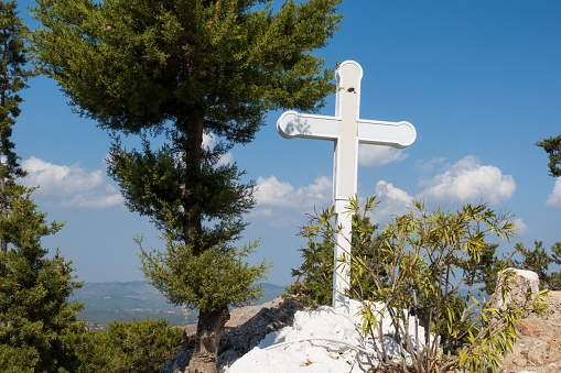 Cross in Tsambika  monastery over the sea, Rhodes, Greece