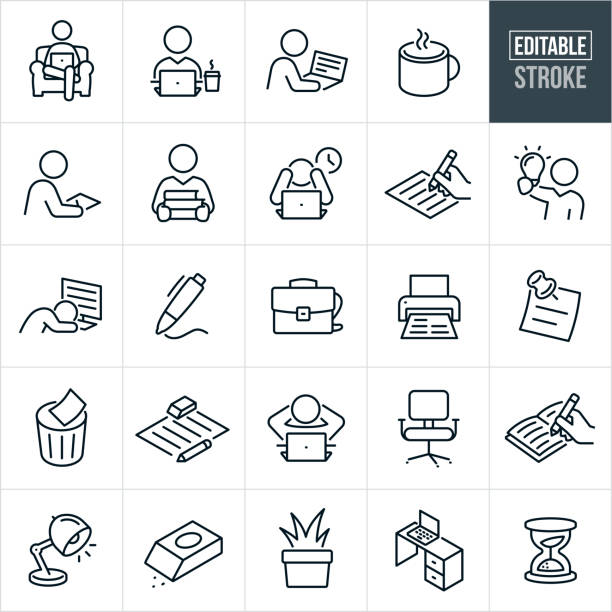 Writer Line Icons - Editable Stroke A set of writer icons that include editable strokes or outlines using the EPS vector file. The icons include a writer sitting in comfortable chair writing on laptop, writer on laptop computer writing with coffee sitting on desk, editor on laptop editing content, coffee mug filled with coffee, writer writing using a pen and paper, writer with stack of books, overworked writer with head in hands trying to meet deadline, hand with pencil writing on paper, writer holding up a light bulb, writer asleep at computer, pen, briefcase, printer, sticky note pinned up, paper being tossed into trash bin, writer with hands behind head sitting at computer, office chair, hand writing in book, desk lamp, eraser, potted plant, computer on computer desk and an hour glass. office people icon stock illustrations