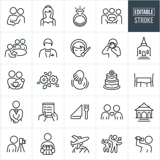 ilustrações de stock, clip art, desenhos animados e ícones de wedding thin line icons - editable stroke - church wedding