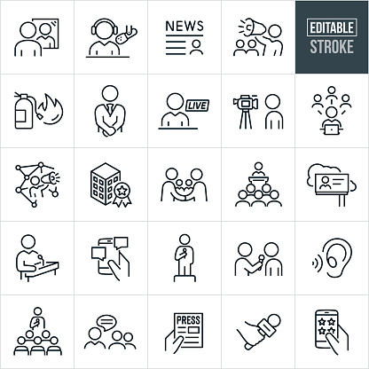 A set of public relations icons that include editable strokes or outlines using the EPS vector file. The icons include a business person looking at image in mirror, radio broadcast, radio interview, news article, public relations consultant with bullhorn, fire extinguisher putting out fire, public relations manager with hands crossed, television reporter, television interview, person recording video interview, social media, business award, handshake, public interview, billboard, person giving PR speech from podium, company image, person with microphone on soapbox, reporter giving an interview, listening ear, public comment, online chat, news article, hand holding microphone, company rating from smartphone and other related icons.