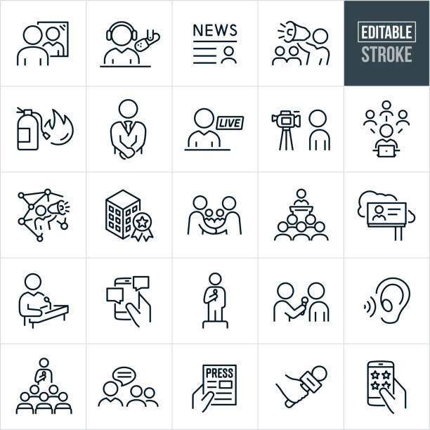Public Relations Thin Line Icons - Editable Stroke A set of public relations icons that include editable strokes or outlines using the EPS vector file. The icons include a business person looking at image in mirror, radio broadcast, radio interview, news article, public relations consultant with bullhorn, fire extinguisher putting out fire, public relations manager with hands crossed, television reporter, television interview, person recording video interview, social media, business award, handshake, public interview, billboard, person giving PR speech from podium, company image, person with microphone on soapbox, reporter giving an interview, listening ear, public comment, online chat, news article, hand holding microphone, company rating from smartphone and other related icons. interview event symbols stock illustrations