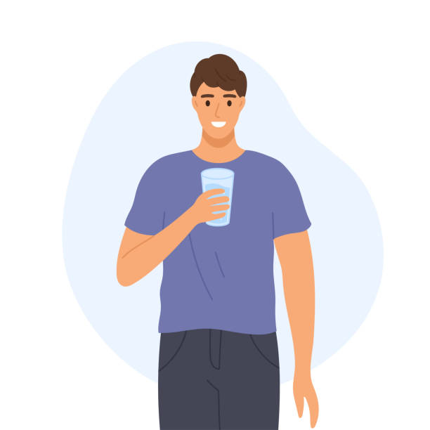 ilustraciones, imágenes clip art, dibujos animados e iconos de stock de concepto de beber más agua. hombre sosteniendo un vaso de agua aislado sobre fondo blanco estilo plano ilustración vectorial. - drinking