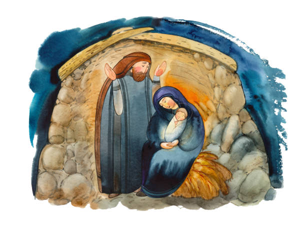 Hand drawn watercolor illustration Christian nativity scene. Hand drawn watercolor illustration Christian nativity scene. Virgin Mary, Jesus Christ, Joseph, holy night with the star of Bethlehem. Merry Christmas greeting cards, Christian publications and prints religious christmas greetings stock illustrations