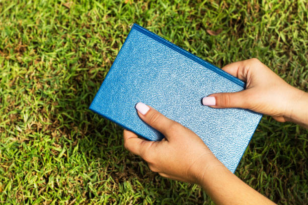 Woman hands holding a blue closed book on the grass