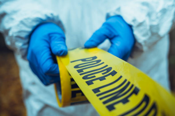 Police line tape Police line tape. Crime scene investigation. Forensic science. barricade tape stock pictures, royalty-free photos & images