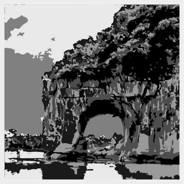 Vector illustration of Vector monochrome engraving style Elphant Trunck Hill landscape llustration background,GuiLin City - GuangXi Province,China