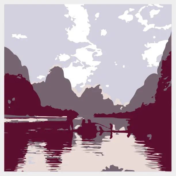 Vector illustration of Vector engraving style landscape llustration background,The Li River,GuiLin City - GuangXi Province,China