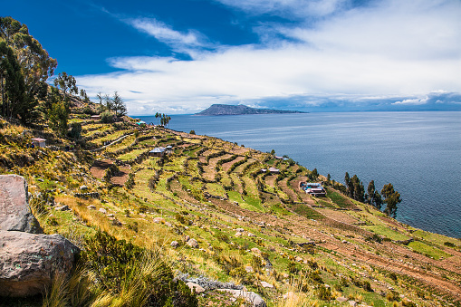 Panoramic view from Village on Taquile island in Titicaca lake, Peru. South America.