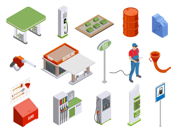 ilustrações de stock, clip art, desenhos animados e ícones de gas station isometric set vector illustration. collection gasoline petroleum filling columns - isometric gas station transportation car