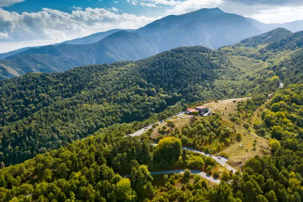 Aerial view of Greece mountains, road to Mount Olympus. Stavros Refuge Shelter