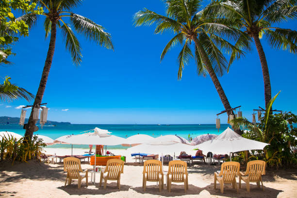 istock Tropical vacation , sun, blue sky and palm tree on White beach at Boracay, Philippines. 1352697956