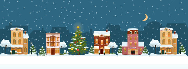 vektorillustration einer winterabend-neujahrsstraße mit geschmückten weihnachtsbaum. heiligabend. häuser im schnee. - altes backhaus dorf stock-grafiken, -clipart, -cartoons und -symbole